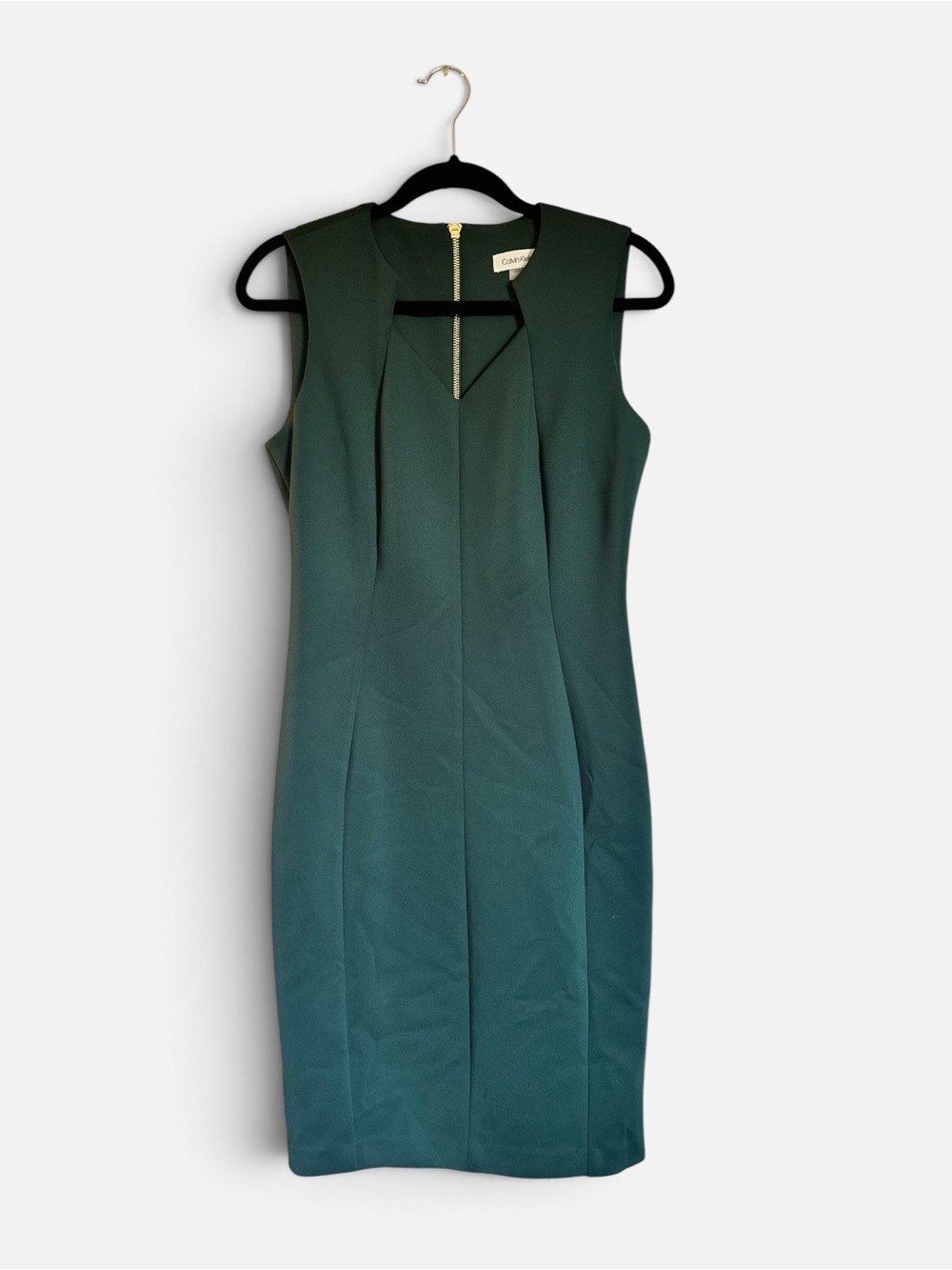 Calvin Klein Sleeveless Forest Green Sheath Dress with Gold Zip